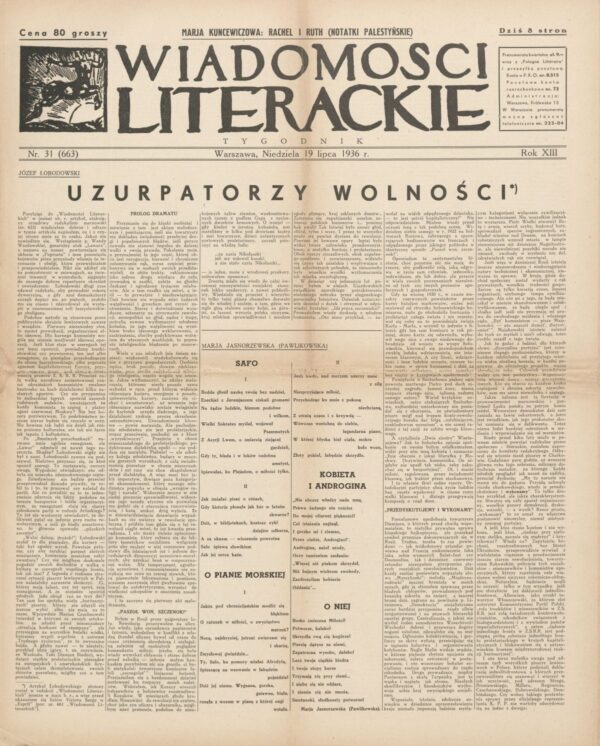 tygodnik WIADOMOŚCI LITERACKIE NR (663) 31 Z 19 LIPCA 1936 R.