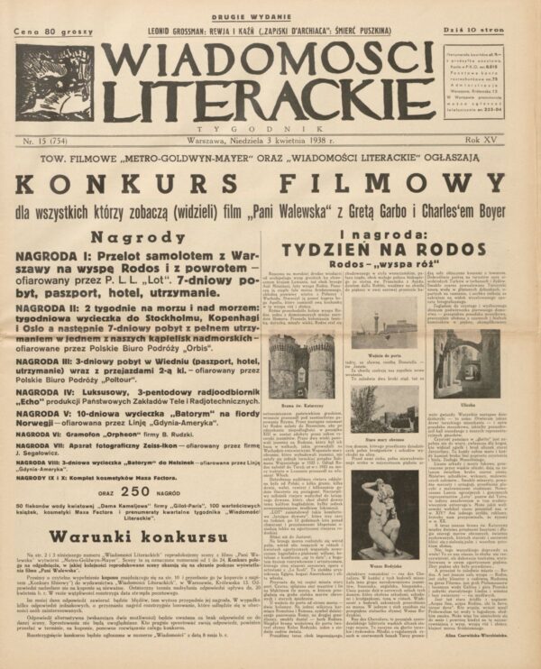 tygodnik WIADOMOŚCI LITERACKIE NR (754) 15 Z 3 KWIETNIA 1938 R.