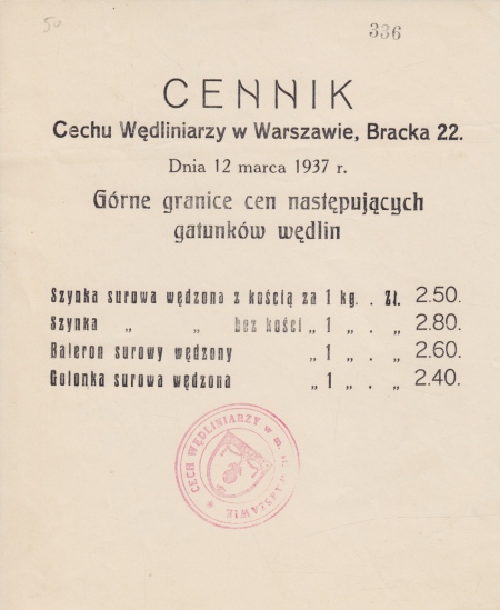 CENNIK CECHU WĘDLINIARZY W WARSZAWIE (12 MARCA 1937)