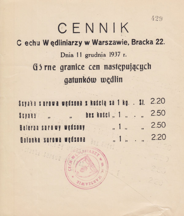 CENNIK CECHU WĘDLINIARZY W WARSZAWIE (11 GRUDNIA 1937)