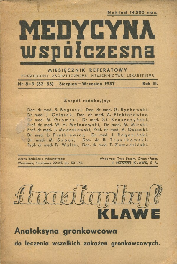 MEDYCYNA WSPÓŁCZESNA. MIESIĘCZNIK REFERATOWY POŚWIĘCONY ZAGRANICZNEMU PIŚMIENNICTWU LEKARSKIEMU NR (32-33) 8-9/1937