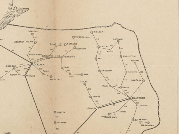mapa SCHEMATYCZNA MAPA SIECI LINII REGULARNYCH TOWAROWYCH PKS ORAZ SIECI AUTOBUSOWEJ (ZIMA 1956/7)