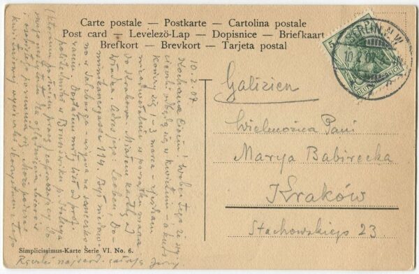 [pocztówka] Tancerka. Karta z korespondencją Jerzego Smoleńskiego do Marii Babireckiej [1907]