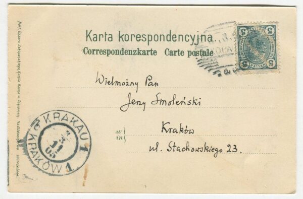 [pocztówka] Motywa zakopiańskie Edgara Kovatsa. Karta z korespondencją Jerzego Smoleńskiego do Tadeusza Smoleńskiego [1905]
