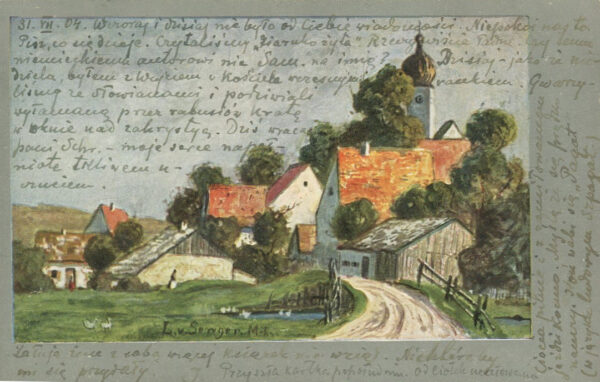 [pocztówka] Krajobraz wiejski. Karta z korespondencją Jerzego Smoleńskiego do Tadeusza Smoleńskiego