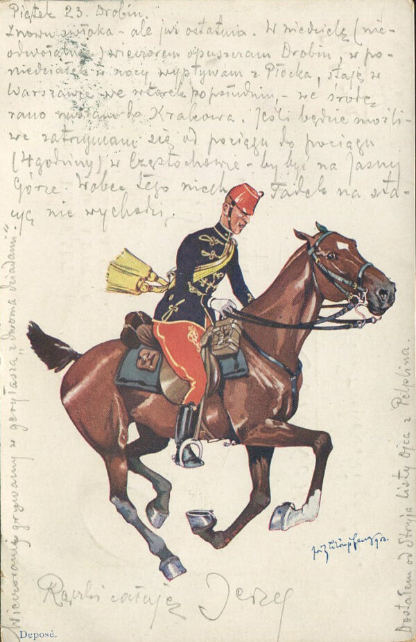 [pocztówka] Żołnierz na koniu. Karta z korespondencją Jerzego Smoleńskiego do Marii Babireckiej