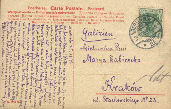 [pocztówka] Autoportret Franza von Lenbacha. Karta z korespondencją Jerzego Smoleńskiego do Marii Babireckiej
