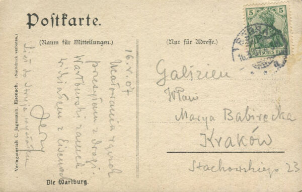 [pocztówka] Zamek Wartburg. Karta z korespondencją Jerzego Smoleńskiego do Marii Babireckiej